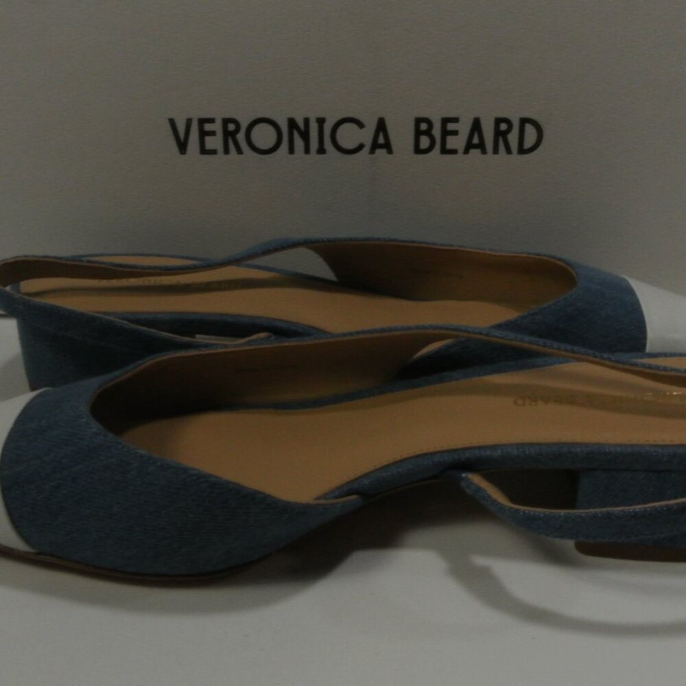 VERONICA BEARD Cecile leather-trimmed denim slingback flats Sandals 7 NIB 350 - Picture 10 of 15